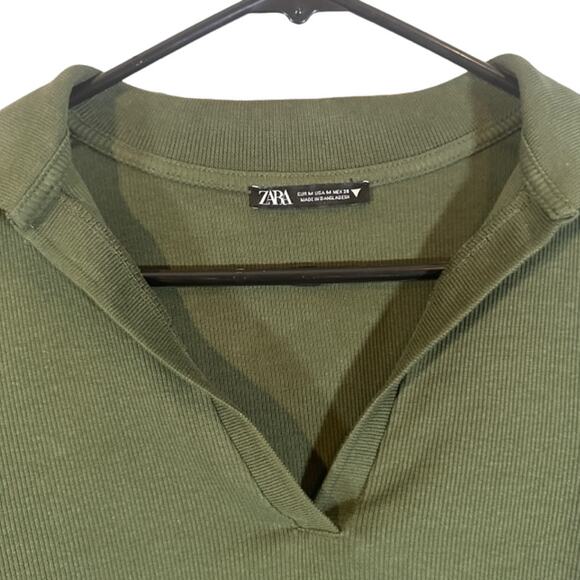 Zara Olive Green Ribbed Textured Long Sleeve V-Neck Crop Top Women Sz M - Picture 5 of 8